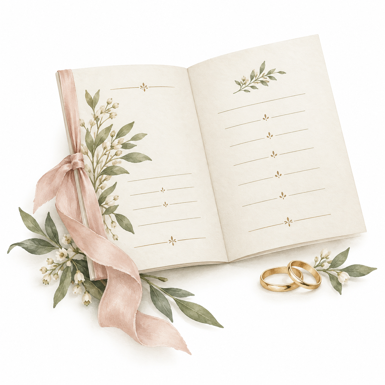 Illustrated wedding programme with botanical details, ribbon and wedding rings